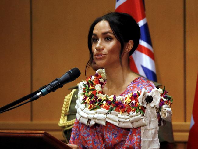 The Duchess of Sussex gave her first speech of the royal tour at the University of the South Pacific in Fiji. Picture: AP