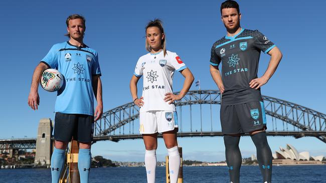Sydney FC recruit Alex Baumjohann, right, with Rhyan Grant and Angelique Hristodoulou. Picture: Brett Costello