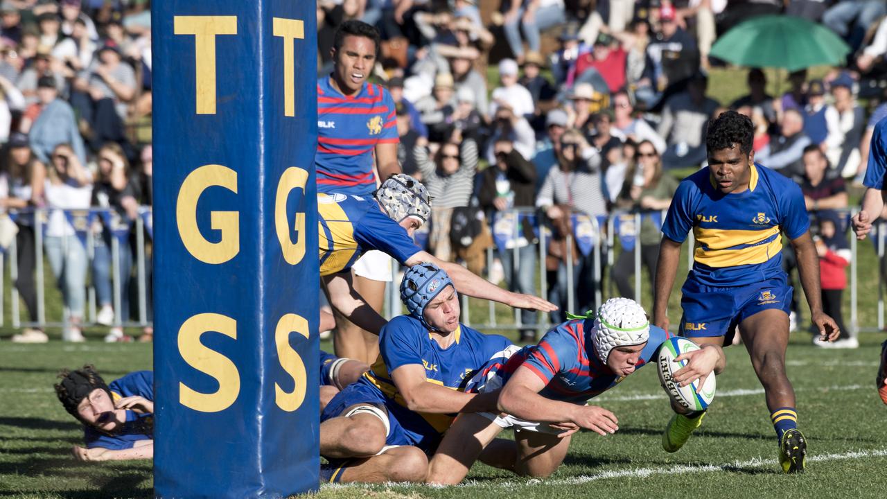 Mac Grealy scores the winning try for Downlands. O'Callaghan Cup, Downlands vs TGS. Saturday, 27th Jul, 2019.