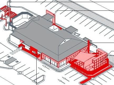 The existing Lake Haven McDonald's showing the parts that will be demolished (in red) as part of a major renovation. Picture: supplied