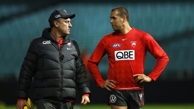 Swans coach John Longmire with Lance Franklin, who is set for one last match at the MCG. Picture: Phil Hillyard