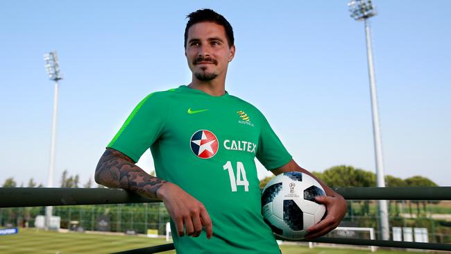 Jamie Maclaren is all smiles after booking his ticket to Russia. Picture: Toby Zerna