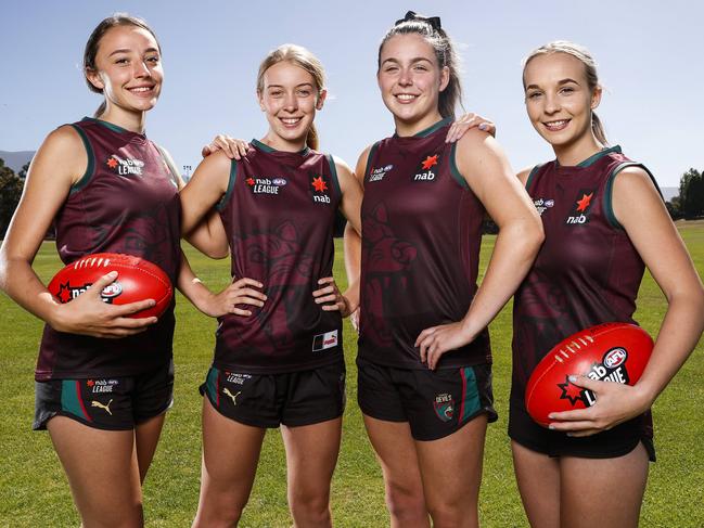 Members of the Tasmania Devils girls leadership group Perri King, 17, Claire Ransom, 16, Amy Prokopiec, 17, and Jemma Webster, 18, ahead of their first game of the NAB League season. Picture: Zak Simmonds