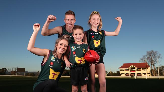 The Gilmour family of Alex, Nikki, Mia 10 and Flynn 6 of Hobart are backing a Tassie AFL team. Picture: Nikki Davis-Jones