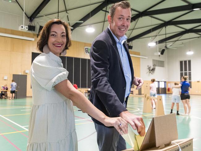 Groom LNP candidate Garth Hamilton and his wife Louise Hamilton cast their vote in the by-election at Wilsonton State High School polling booth, Saturday, November 28, 2020. Picture: Kevin Farmer