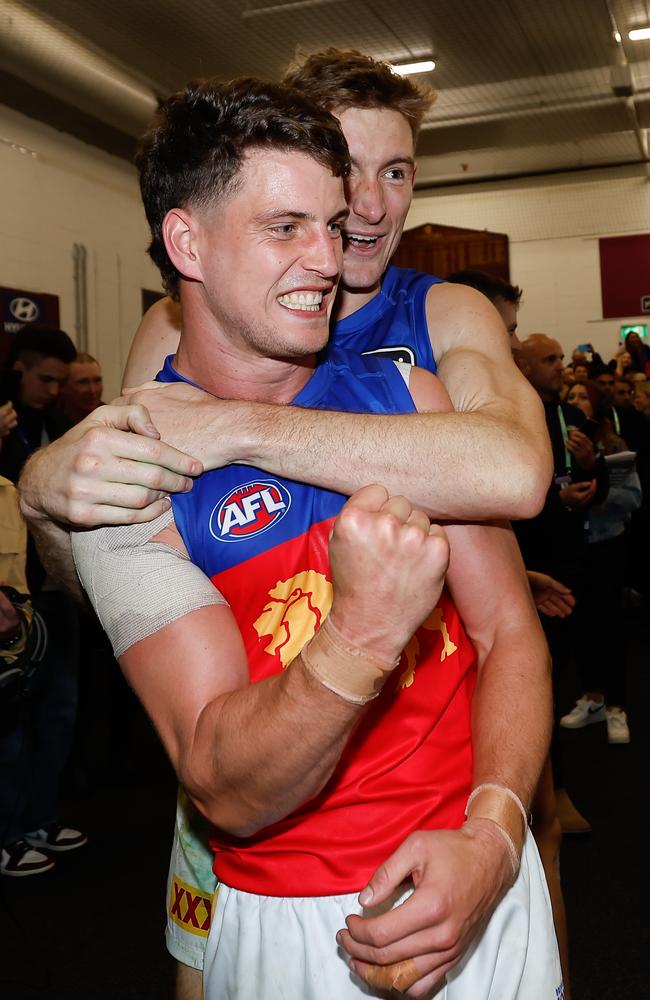 Jarrod Berry celebrates with captain Harris Andrews. Picture: Dylan Burns/AFL Photos via Getty Images