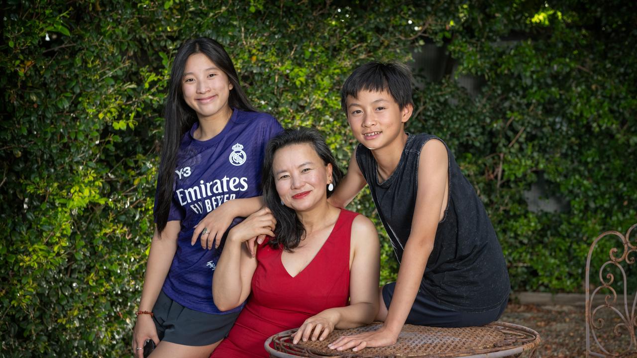 Cheng Lei with her children Ava Wang and Alex Wang. Picture: Tony Gough