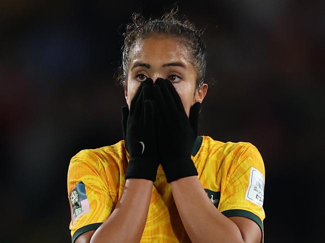 SYDNEY, AUSTRALIA - AUGUST 16: Mary Fowler of Australia looks dejected after the team's 1-3 defeat and elimination from the tournament following the FIFA Women's World Cup Australia & New Zealand 2023 Semi Final match between Australia and England at Stadium Australia on August 16, 2023 in Sydney, Australia. (Photo by Cameron Spencer/Getty Images)