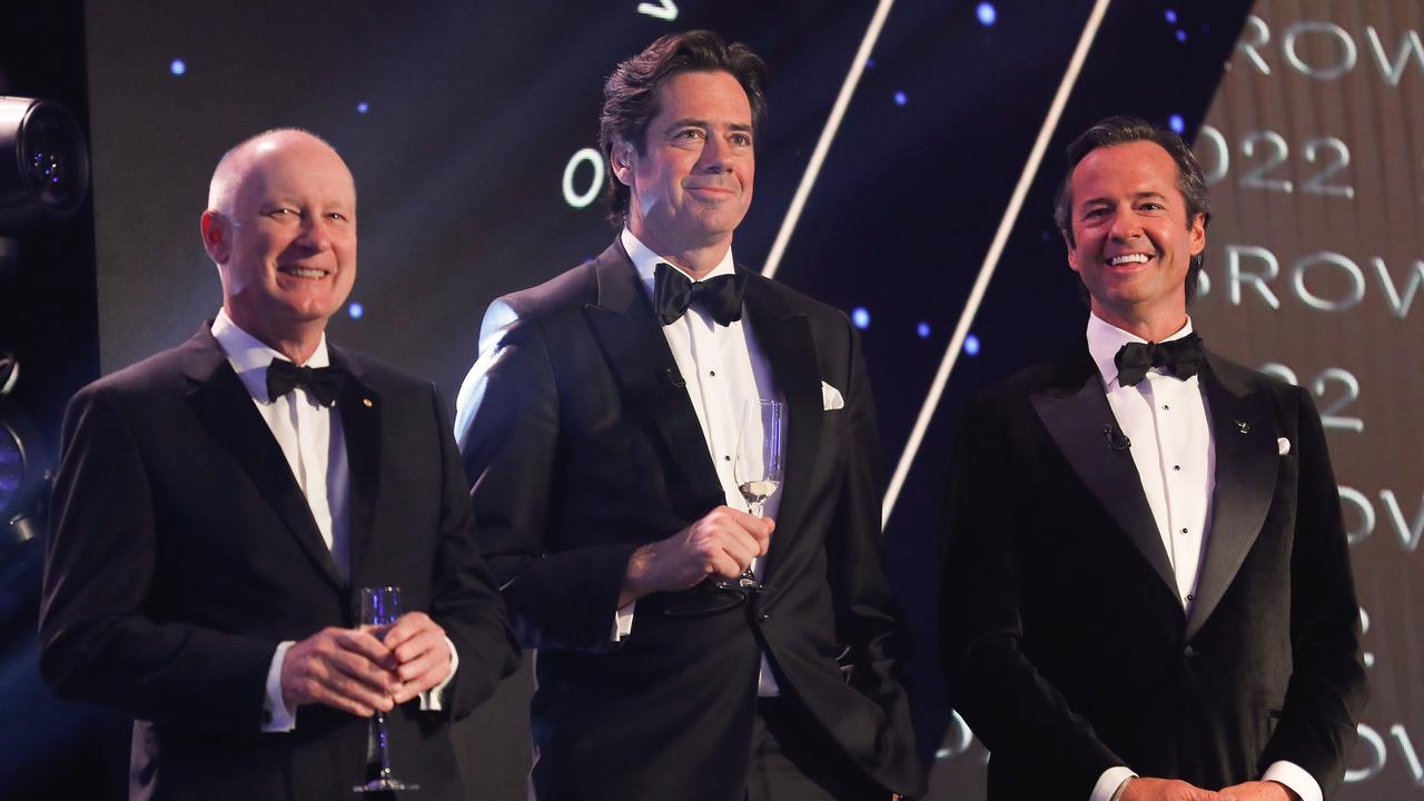 Richard Goyder and Gillon McLachlan with Hamish McLachlan at the 2022 Brownlow Medal. Picture: Michael Willson/AFL Photos via Getty Images