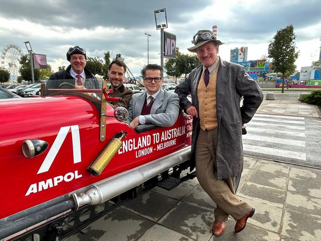 Matthew Benns (left) and Warren Brown (right), drove into a rain bomb between Slovenia and Croatia. With them are Slovenian RTV Morning Show presenter David Urankar and Who Wants To Be A Millionaire host Jure Godler.