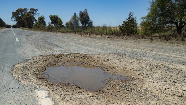 A badly damaged section of the Boort-Charlton Road near Terrappee. PICTURE: ZOE PHILLIPS