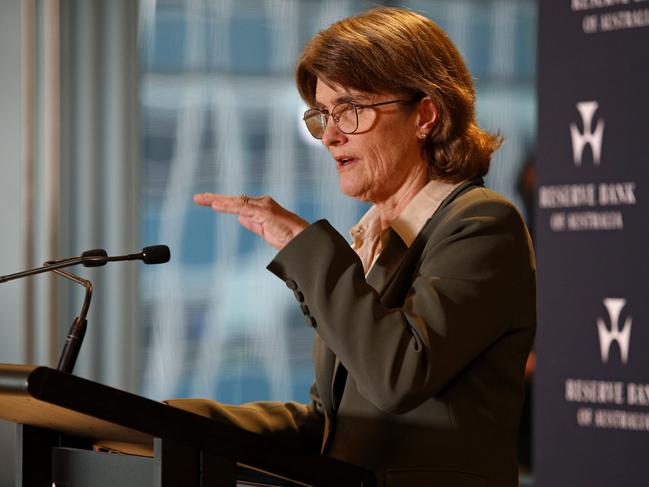 SYDNEY, AUSTRALIA - NewsWire Photos SEPTEMBER 24 , 2024:   Reserve Bank Governor Michele Bullock holding a press conference discussing the Reserve Bank Board's monetary policy decision. Rates will remain the same for now until inflation drops further. Picture: NewsWire / John Appleyard