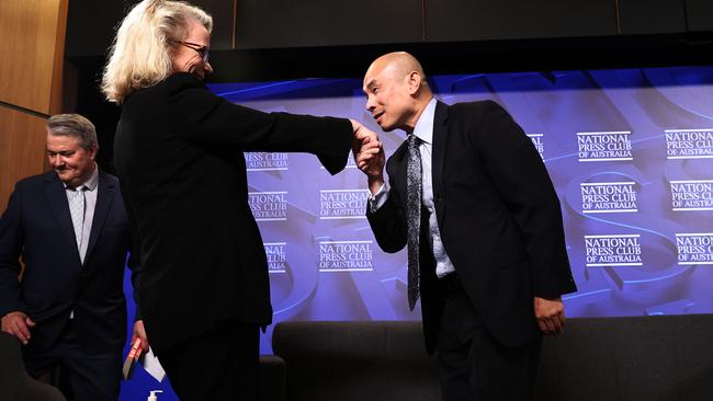 ABC reporter Laura Tingle with Chinese embassy spokesman Wang Xining ahead of a discussion on the “China crisis” at the National Press Club. Picture: NCA NewsWire / Gary Ramage