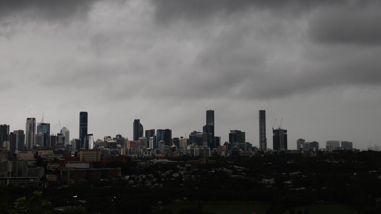 A storm front about to hit Brisbane from Eildon Hill Reservoir lookout at Windsor. Picture David Clark