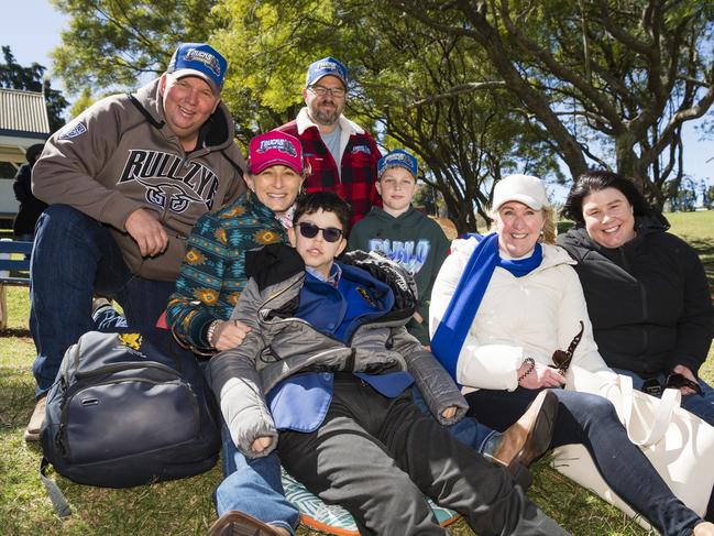 Enjoying the rugby are (from left) Andy McMullin, Olivia McMullin, Jaxon McMullin, Adrian Secomb (back), Ayden Secomb, Karla Wright and Kelly Johnson on Grammar Downlands Day at Toowoomba Grammar School, Saturday, August 19, 2023. Picture: Kevin Farmer