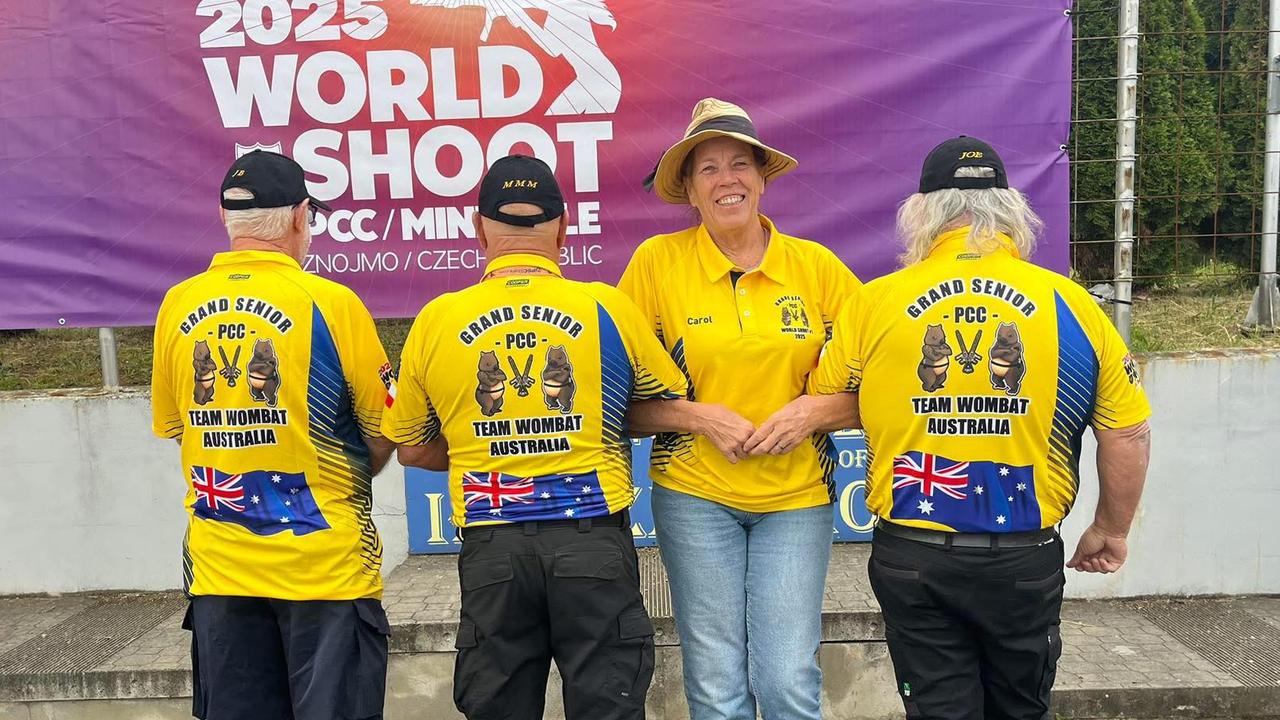 Team Wombat at the 2025 IPSC World Shoot in the Czech Republic. From left to right, John Bellman, David Metcalfe, Carol Moreland and Joe Sullivan. Photo credit: David Metcalfe / Facebook