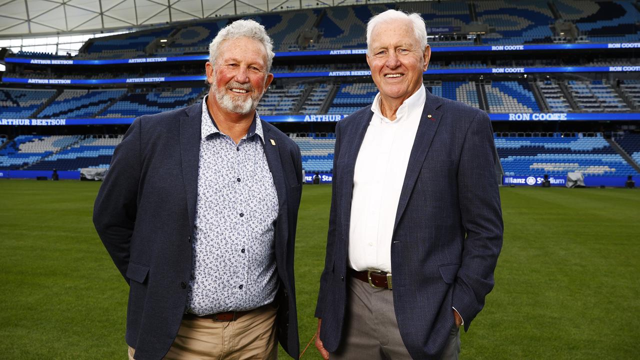 Pictured at the new Allianz Stadium at Moore Park in Sydney is Brad Beetson (son of rugby great Arthur Beetson) and Roosters NRL legend Ron Coote who have had parts of the stadium named in their honour. Picture: Richard Dobson