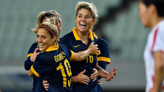 Michelle Heyman celebrates scoring Australia’s first goal during the AFC Women's Olympic Final Qualification Round match between North Korea and Australia. Picture: Koki Nagahama/Getty Images