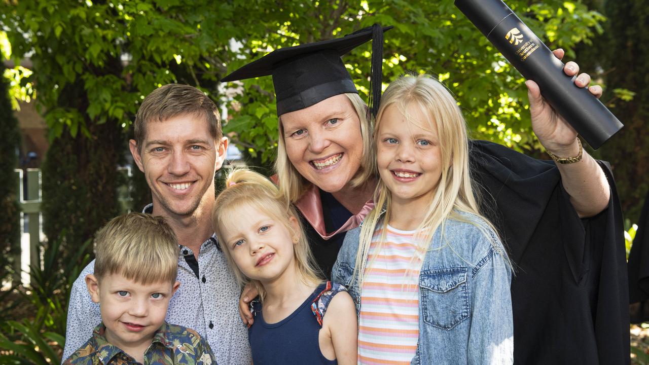 Master of Learning and Teaching (Primary) graduate Minandi Rudman with husband Leslie Rudman and their kids (from left) Leslie, Marissa and Liandie at a UniSQ graduation ceremony at The Empire, Tuesday, October 29, 2024. Picture: Kevin Farmer