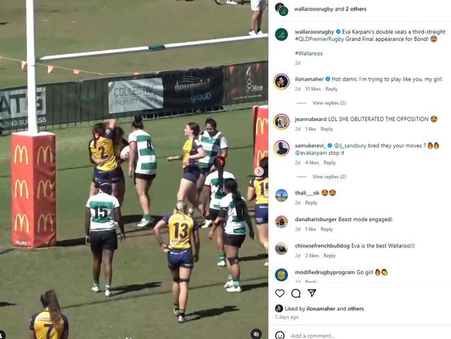 Ilona Maher comments on the Wallaroo's instagram post of Eva Karpaniâ&#128;&#153;s double for Bond Uni