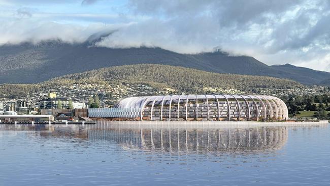 Mac Point 2.0 Stadium view as seen from Rosny. Design from Stadia Precinct consortia for the proposed AFL stadium at Macquarie Point Hobart. Supplied August 2nd 2024. Picture: Solutions Won