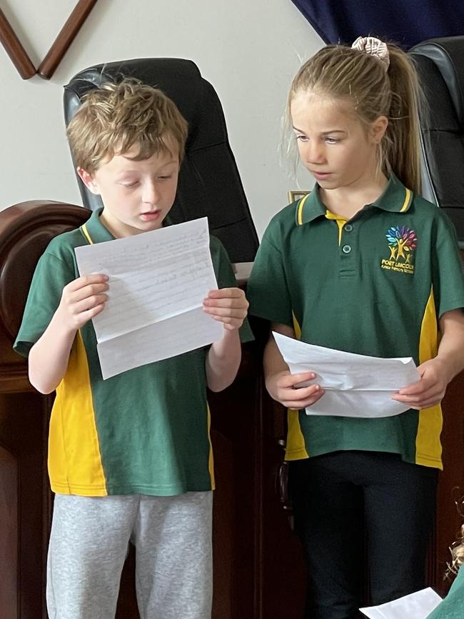 Students Zander and Sana read their letters. Picture: Micaela Stark