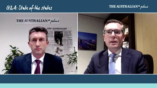 Adam Creighton, left, and NSW Treasurer Dominic Perrottet during The Australian's State of States online forum on Tuesday on Tuesday night. Take part in the event <a href="https://stateofthestates-tausplus.splashthat.com/">here</a>