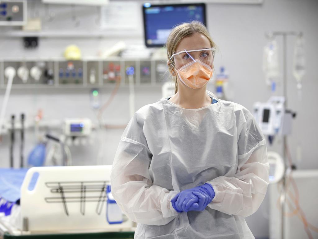 A nurse at the Alfred Hospital wearing PPE (personal protection equipment). Picture: David Caird