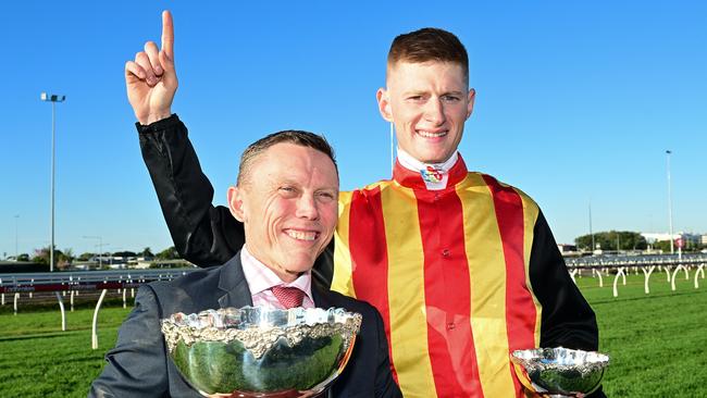 Chris Munce linked up with former champion apprentice Kyle Wilson-Taylor to win their first Group 1 together. Picture: Grant Peters — Trackside Photography.