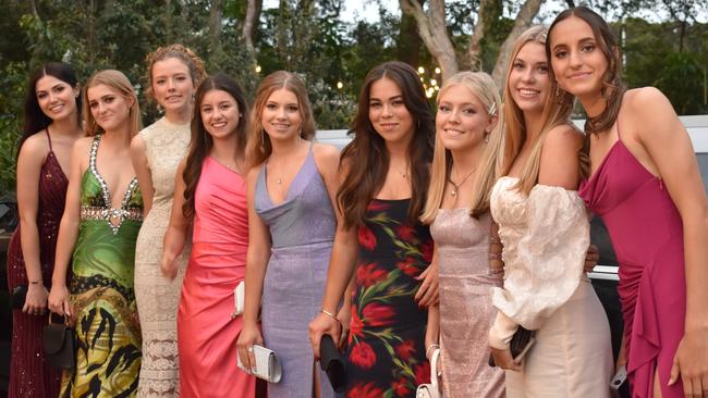 Zara Vass, Felicity Harris, Lizzie Telleman, Jorja Quinn, Sky Carey, Emily White, Makayla Butt, Lola Grehan and Tiana Bourne at the Year 11 Good Shepherd formal, 2022.