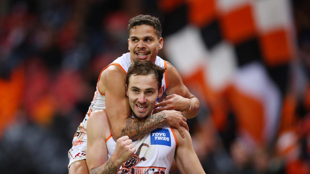 Jeremy Finlayson and Bobby Hill. Photo by Jason McCawley/AFL Photos/via Getty Images.