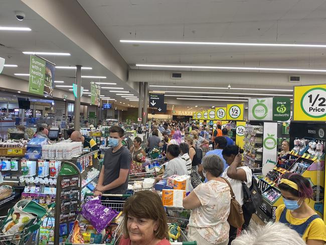 Panic buying, like this at Forest Lake, Brisbane supermarket, has led to purchase limits. Picture: @comicrobbrown/Twitter