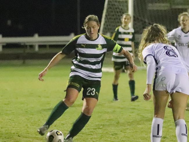 Western Pride footballer Meaghan McElligott playing against Brisbane City in the National Premier Leagues match at the Briggs Road Sporting Complex. Picture: Christina Moran