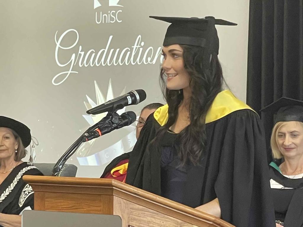 Kacie Kraut spoke on behalf of the graduating class at the University of the Sunshine Coast graduation ceremony at the Beach House Hotel on October 12, 2023.