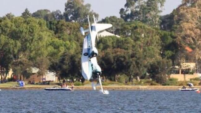 A seaplane crashes into the Swan River in Perth. Picture: Michael Legg