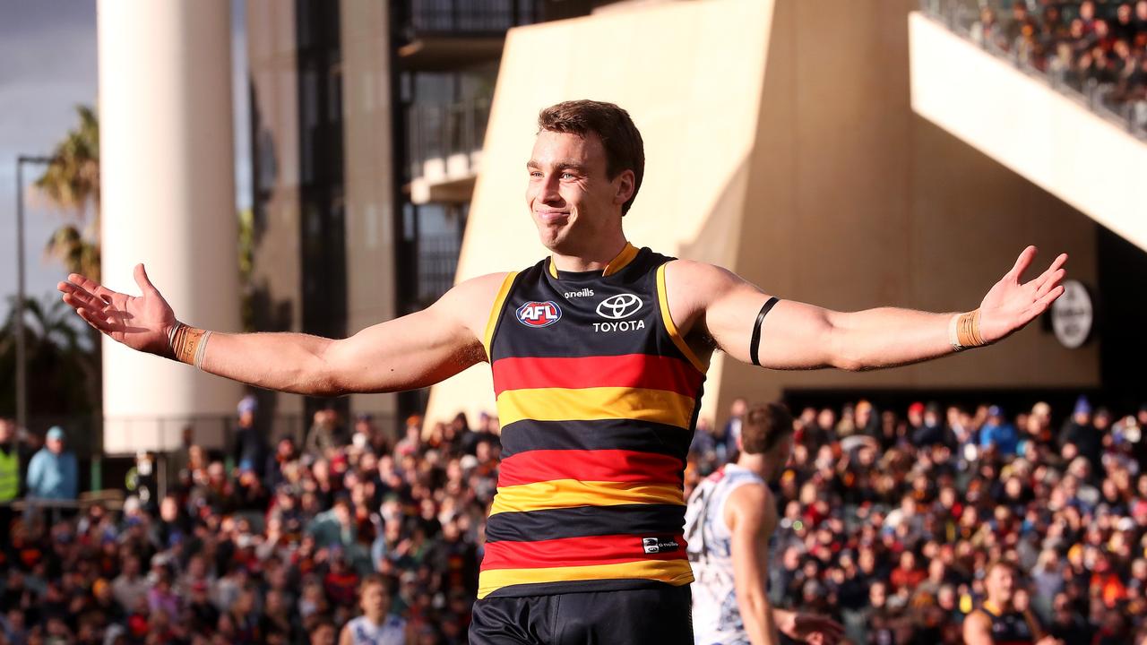 Riley Thilthorpe booted two goals as the Crows ran away with the game on Saturday afternoon. Picture: Sarah Reed/AFL Photos