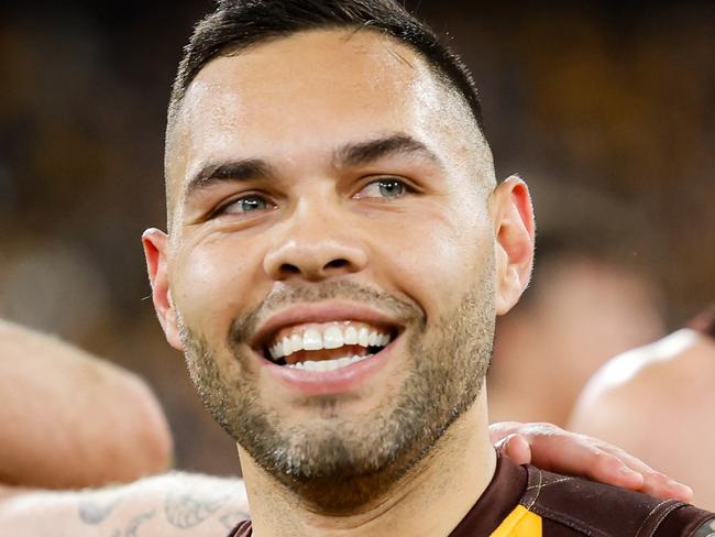 MELBOURNE, AUSTRALIA - SEPTEMBER 06: Jarman Impey of the Hawks celebrates during the 2024 AFL Second Elimination Final match between the Western Bulldogs and the Hawthorn Hawks at The Melbourne Cricket Ground on September 06, 2024 in Melbourne, Australia. (Photo by Dylan Burns/AFL Photos via Getty Images)