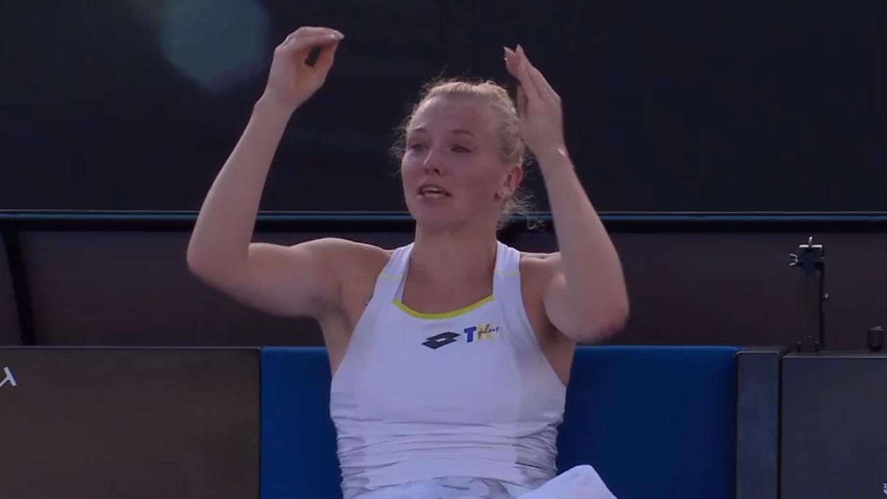 Storm Sanders' doubles partner Katerina Siniakova has an on-court meltdown.