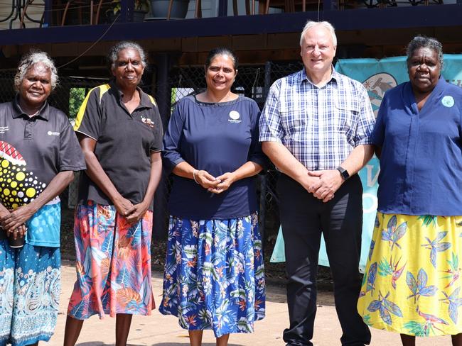 Groote Eylandt, January 13, 2025: Dorothea Lalara, Serena Bara, ALC Chair Cherelle Wurrawilya, Local Government Minister Steve Edgington, and Ida Mamarika at the Anindilyakwa Land Council office announcing the new ward structure for Groote Archipelago Regional Council. Picture: Supplied.