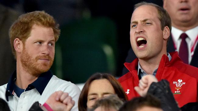 Harry looks at his older brother William react during the match between England and Wales during the Rugby World Cup in 2015 at Twickenham Stadium. Picture: Getty