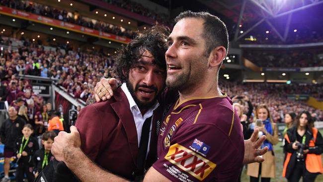 Cameron Smith reacts with an emotional Johnathan Thurston following the Maroons’ State of Origin Game 3 win. Picture: AAP/Dave Hunt