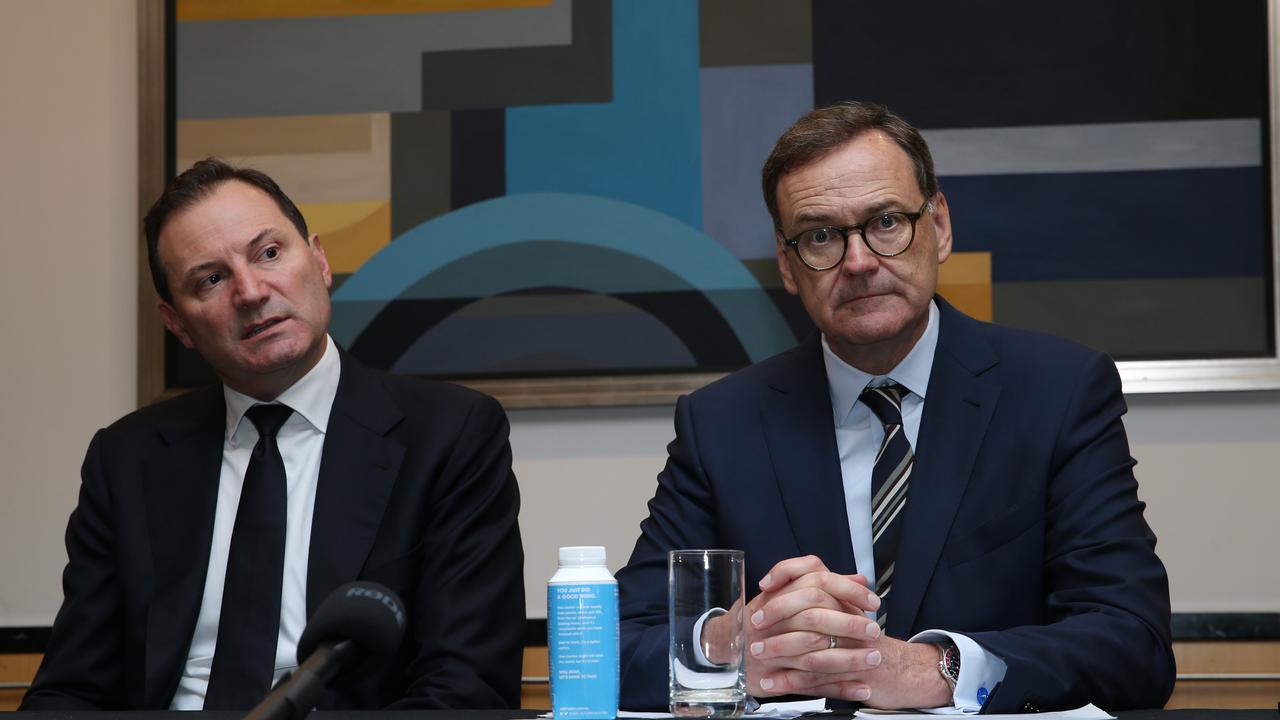 Origin chief executive Frank Calabria and chairman Scott Perkins conduct a press conference after the vote was delayed. Picture: Britta Campion