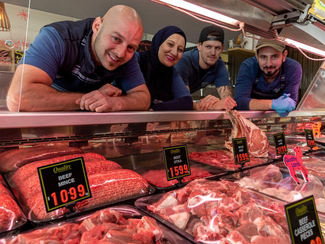 Number 10 (joint): Murat Buyukyazici and staff Sam, Eric and Cello at Deer Park Quality Halal Meats. Picture: Mark Dadswell