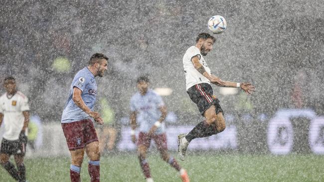 PERTH, AUSTRALIA - JULY 23: Bruno Fernandes of Manchester United heads the ball during the Pre-Season Friendly match between Manchester United and Aston Villa at Optus Stadium on July 23, 2022 in Perth, Australia. (Photo by Paul Kane/Getty Images)