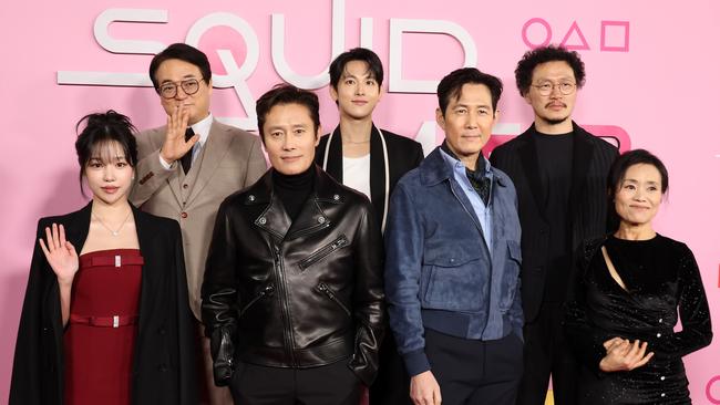 Jo Yu-ri, Lee Seo-hwan, Lee Byung-hun, Yim Si-wan, Lee Jung-jae, Yang Dong-geun and Kang Ae-shim attend the Los Angeles Premiere &amp; Fan Event for Netflix's <span id="U843138597491xqF">Squid Game</span> Season 2 in Los Angeles, California. Photo: Amy Sussman/Getty Images.