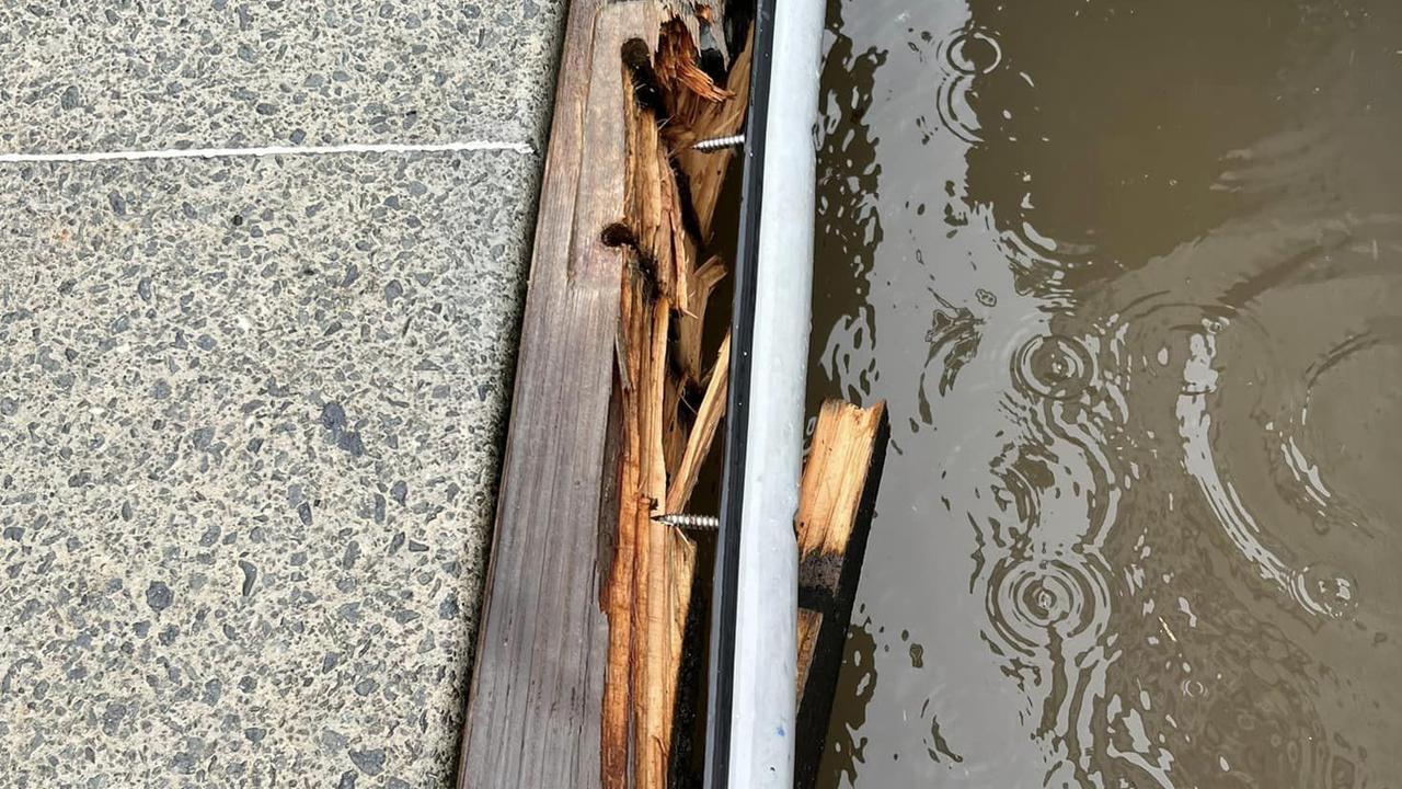 The fishing vessel Mood Swings was torn from its boat cleats and thrown into the neighbouring vessel by a mini-tornado/water spout. Photo: Ryan Moody Fishing