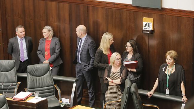 Sue Hickey, far right, crossed the parliamentary floor to vote with Labor and the Greens over the proposed changes to the Anti-discrimination Act. Picture: MATHEW FARRELL