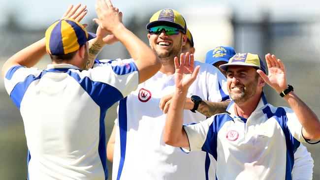 Pascoe Vale Central players celebrate taking a wicket during the North West Metropolitan Cricket Association George Luscombe Shield Grand Final match between Gladstone Park and Pascoe Vale Central at Jack Ginifer Reserve, on March 16, 2024, in Melbourne, Australia. (Photo by Josh Chadwick)