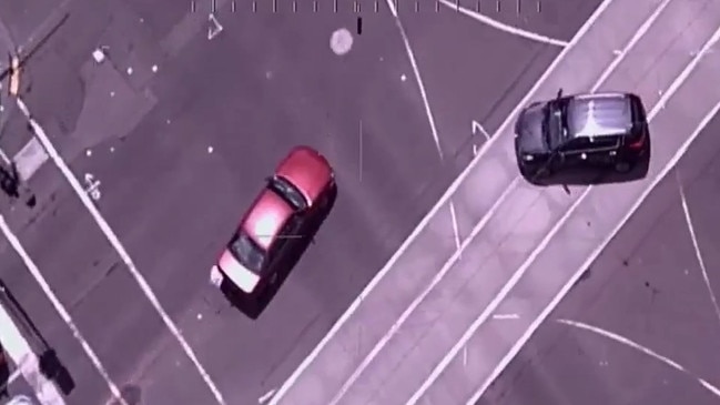 Aerial footage from the police air wing shows Gargasoulas closely passing cars and driving on tram lines before doing burnouts at the intersection of Bouke and Flinders streets.