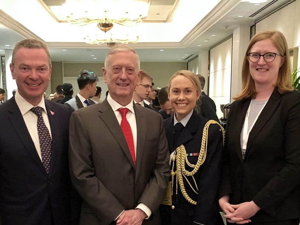 Former Liberal party staffer Hannah March (right) with ex Defence Minister Christopher Pyne and then US Defence Secretary Jim Mattis, Airforce Officer Sharne Kinleyside. Picture: LinkedIn